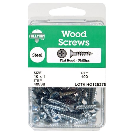 Hillman Wood Screw, #10, 1-1/4 in, Zinc Plated Steel Flat Head Phillips Drive, 5 PK 40840